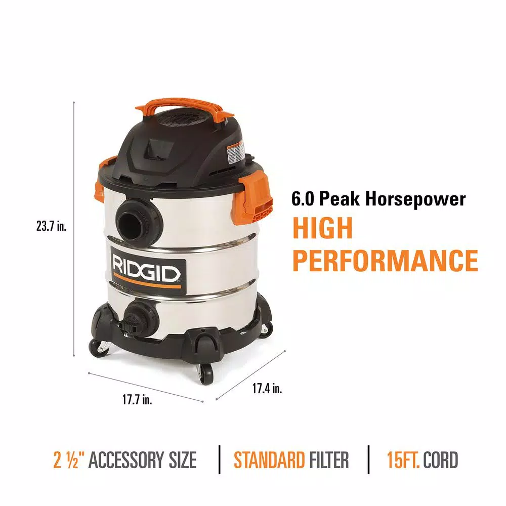 Wet & Dry Vacuums RIDGID 10 Gal. 6.0-Peak HP Stainless Steel Wet/Dry Shop Vacuum With Filter, Hose And Accessories - Image 4