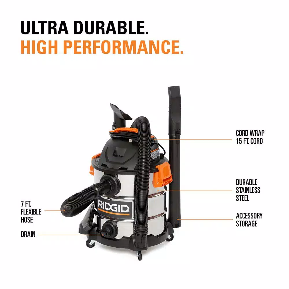 Wet & Dry Vacuums RIDGID 10 Gal. 6.0-Peak HP Stainless Steel Wet/Dry Shop Vacuum With Filter, Hose And Accessories - Image 3