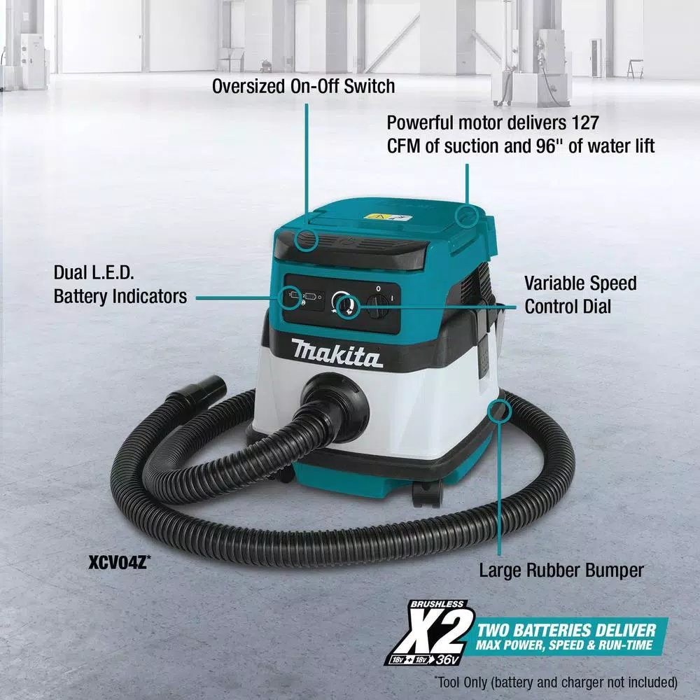 Wet & Dry Vacuums Makita 18-Volt X2 LXT Lithium-Ion (36-Volt) Cordless/Corded 2.1 Gal. Dry Vacuum (Tool Only) 5 Wet & Dry Vacuums Makita 18-Volt X2 LXT Lithium-Ion (36-Volt) Cordless/Corded 2.1 Gal. Dry Vacuum (Tool Only) - Image 3