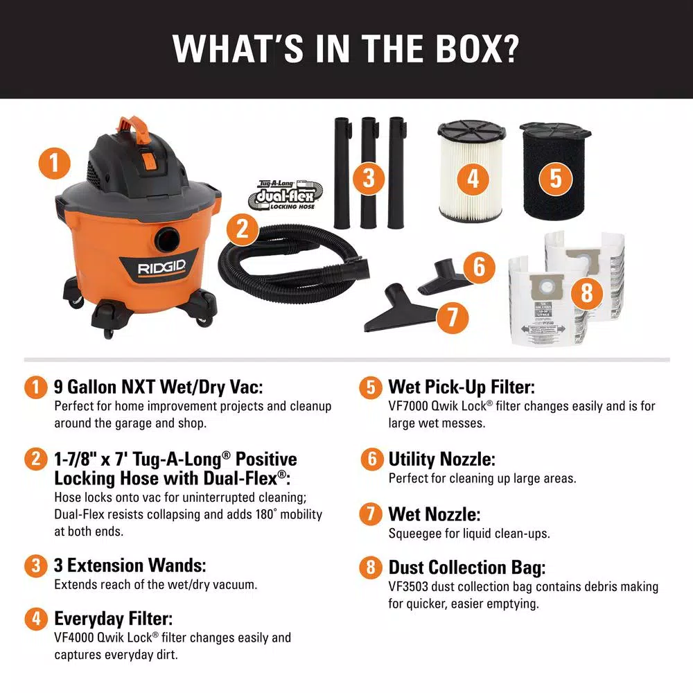 Wet & Dry Vacuums RIDGID 9 Gal. 4.25-Peak HP NXT Wet/Dry Shop Vacuum With Standard Filter, Wet Filter, Dust Bags, Hose And Accessories 4 Wet & Dry Vacuums RIDGID 9 Gal. 4.25-Peak HP NXT Wet/Dry Shop Vacuum With Standard Filter, Wet Filter, Dust Bags, Hose And Accessories - Image 2