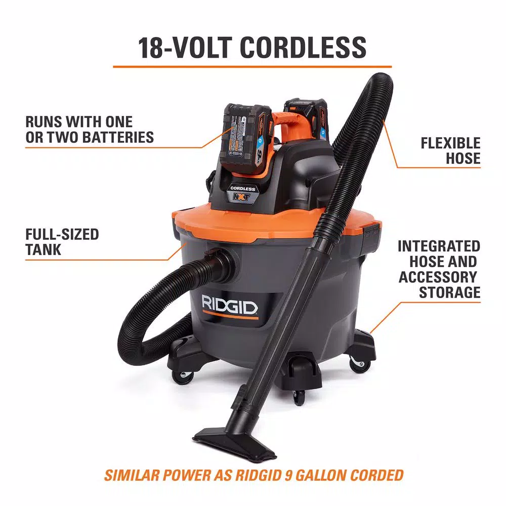 Wet & Dry Vacuums RIDGID 9 Gal. 18-Volt Cordless Wet/Dry Shop Vacuum (Tool Only) With Filter, Hose And Accessories 5 Wet & Dry Vacuums RIDGID 9 Gal. 18-Volt Cordless Wet/Dry Shop Vacuum (Tool Only) With Filter, Hose And Accessories - Image 3