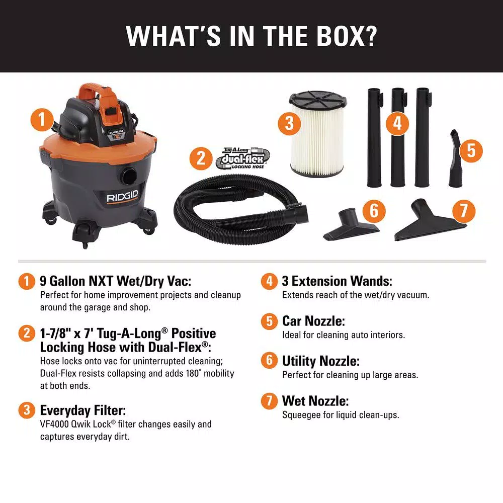 Wet & Dry Vacuums RIDGID 9 Gal. 18-Volt Cordless Wet/Dry Shop Vacuum (Tool Only) With Filter, Hose And Accessories 4 Wet & Dry Vacuums RIDGID 9 Gal. 18-Volt Cordless Wet/Dry Shop Vacuum (Tool Only) With Filter, Hose And Accessories - Image 2
