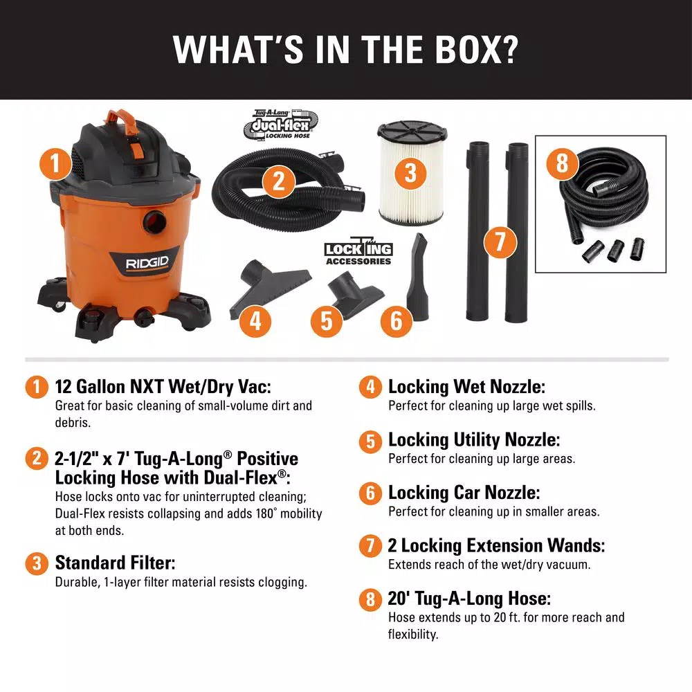 Wet & Dry Vacuums RIDGID 12 Gal. 5.0-Peak HP NXT Wet/Dry Shop Vacuum With Filter, Hose, Accessories And Additional 20 Ft. Tug-A-Long Hose - Image 2