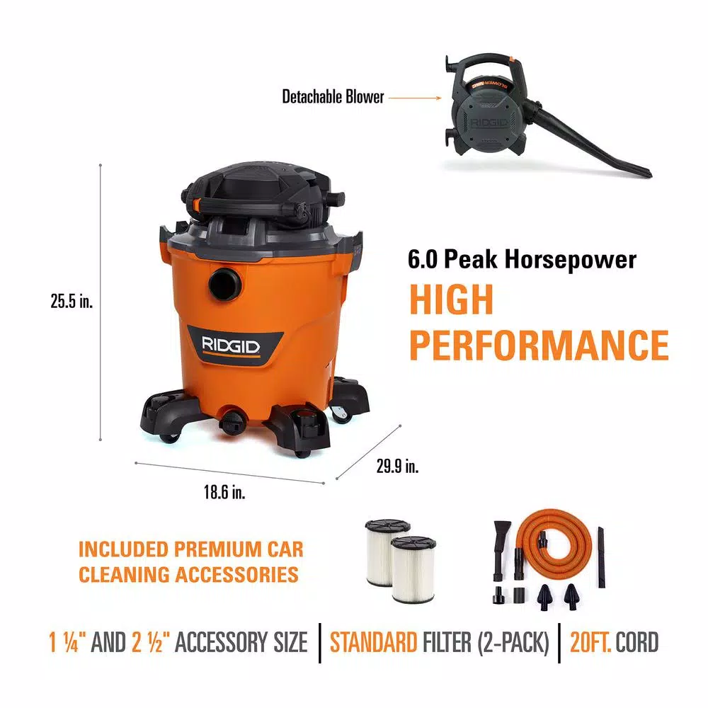 Wet & Dry Vacuums RIDGID 12 Gal. 6.0-Peak HP NXT Wet/Dry Shop Vacuum With Detachable Blower, Two Additional Filters And Premium Car Cleaning Kit 5 Wet & Dry Vacuums RIDGID 12 Gal. 6.0-Peak HP NXT Wet/Dry Shop Vacuum With Detachable Blower, Two Additional Filters And Premium Car Cleaning Kit - Image 3