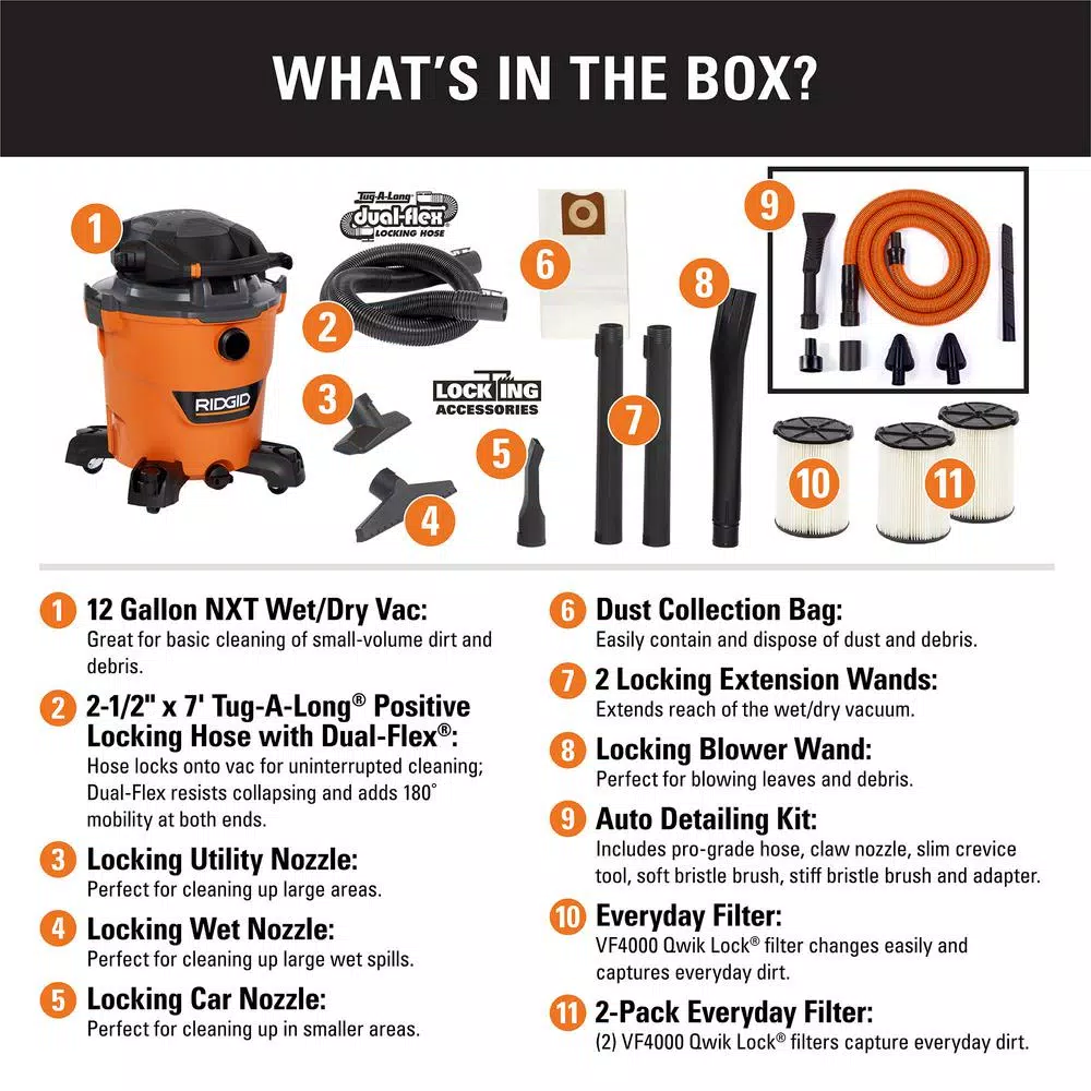 Wet & Dry Vacuums RIDGID 12 Gal. 6.0-Peak HP NXT Wet/Dry Shop Vacuum With Detachable Blower, Two Additional Filters And Premium Car Cleaning Kit 4 Wet & Dry Vacuums RIDGID 12 Gal. 6.0-Peak HP NXT Wet/Dry Shop Vacuum With Detachable Blower, Two Additional Filters And Premium Car Cleaning Kit - Image 2