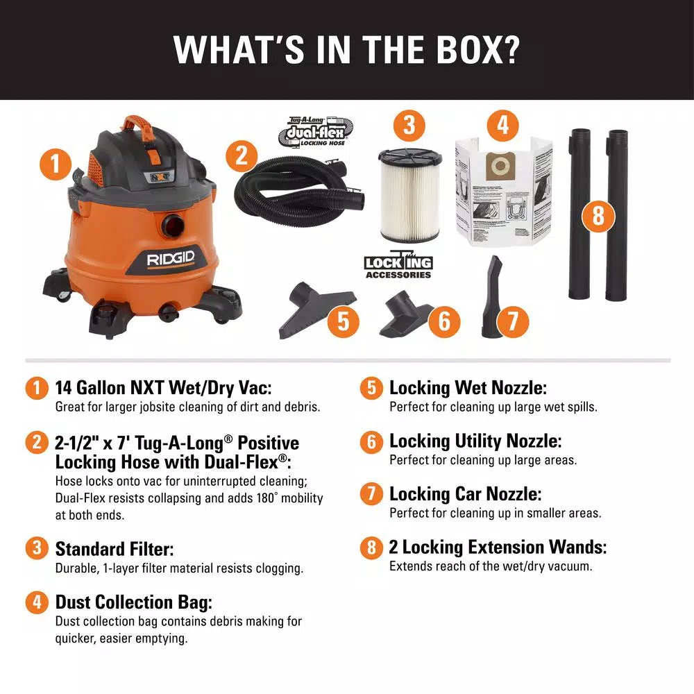 Wet & Dry Vacuums RIDGID 14 Gal. 6.0-Peak HP NXT Wet/Dry Shop Vacuum With Filter, Hose And Accessories 4 Wet & Dry Vacuums RIDGID 14 Gal. 6.0-Peak HP NXT Wet/Dry Shop Vacuum With Filter, Hose And Accessories - Image 2