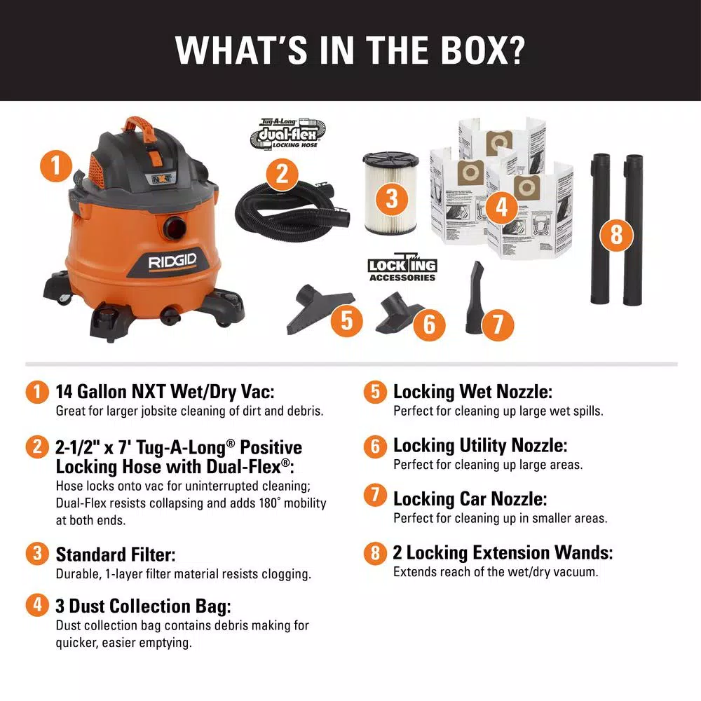 Wet & Dry Vacuums RIDGID 14 Gal. 6.0-Peak HP NXT Wet/Dry Shop Vacuum With Filter, Dust Bags, Hose And Accessories - Image 2