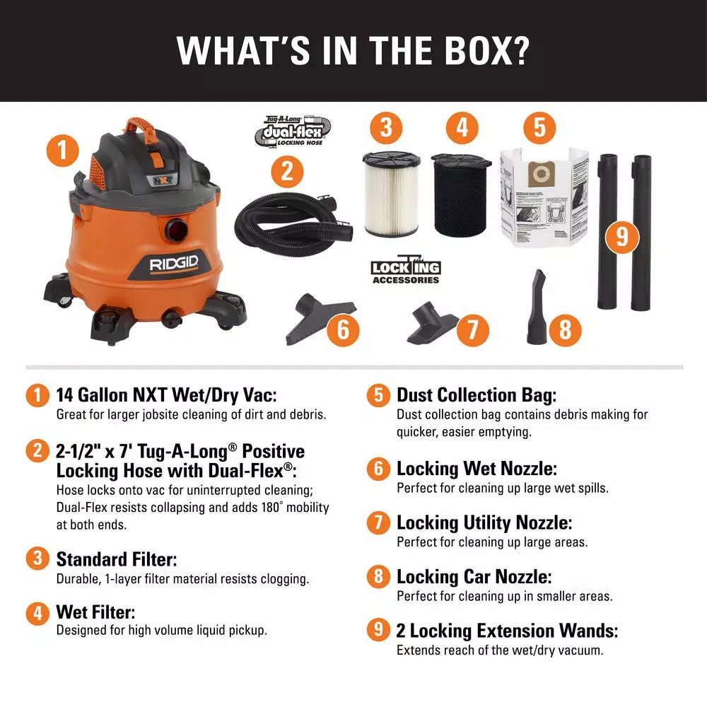 Wet & Dry Vacuums RIDGID 14 Gal. 6.0-Peak HP NXT Wet/Dry Shop Vacuum With Filter, Wet Application Filter, Hose And Accessories 4 Wet & Dry Vacuums RIDGID 14 Gal. 6.0-Peak HP NXT Wet/Dry Shop Vacuum With Filter, Wet Application Filter, Hose And Accessories - Image 2