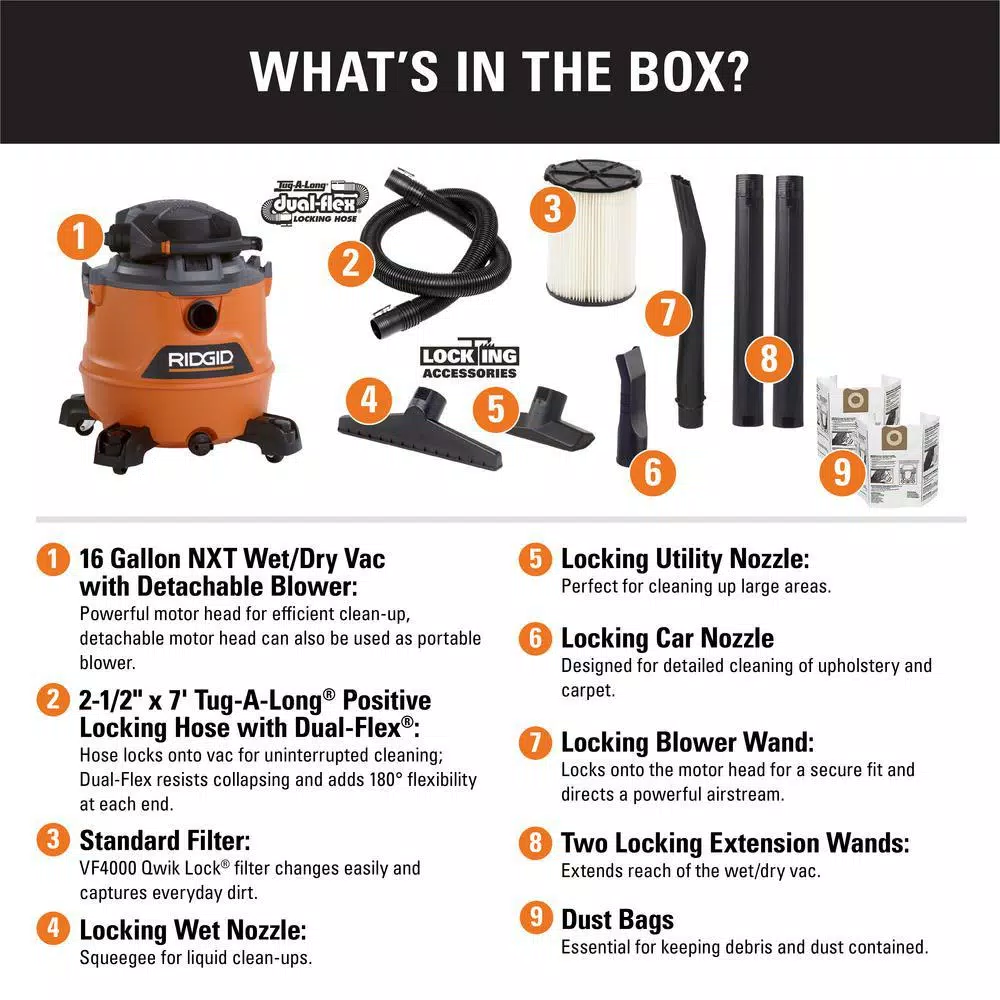 Wet & Dry Vacuums RIDGID 16 Gal. 6.5-Peak HP NXT Wet/Dry Shop Vacuum With Detachable Blower, Filter, Dust Bags, Hose And Accessories - Image 2