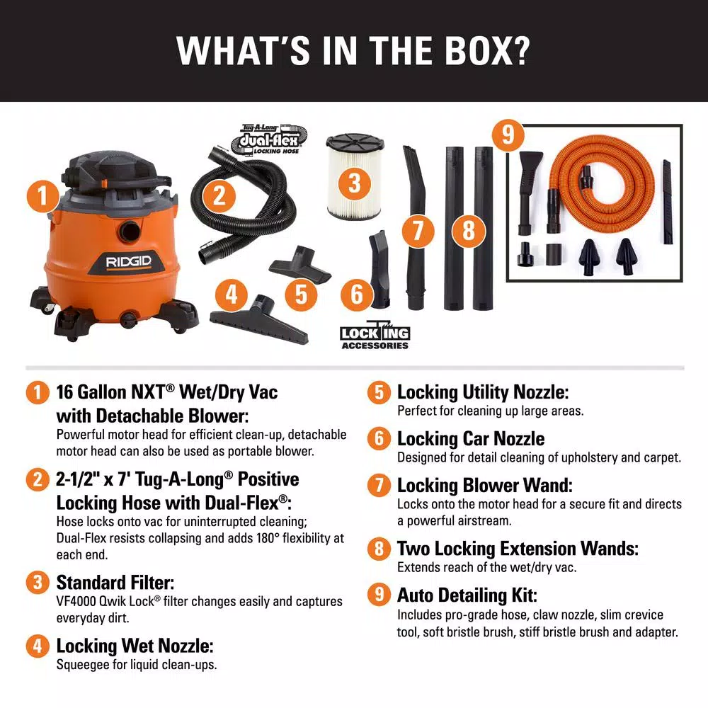 Wet & Dry Vacuums RIDGID 16 Gal. 6.5-Peak HP NXT Wet/Dry Shop Vacuum With Detachable Blower, Filter, Hose, Accessories And Car Cleaning Kit 4 Wet & Dry Vacuums RIDGID 16 Gal. 6.5-Peak HP NXT Wet/Dry Shop Vacuum With Detachable Blower, Filter, Hose, Accessories And Car Cleaning Kit - Image 2