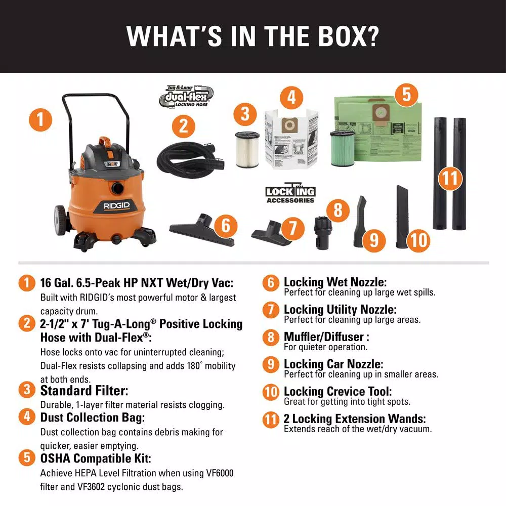 Wet & Dry Vacuums RIDGID 16 Gal. 6.5-Peak HP NXT Wet/Dry Shop Vacuum, Filter, Hose, Accessories, OSHA And HEPA Filtration Kit 4 Wet & Dry Vacuums RIDGID 16 Gal. 6.5-Peak HP NXT Wet/Dry Shop Vacuum, Filter, Hose, Accessories, OSHA And HEPA Filtration Kit - Image 2