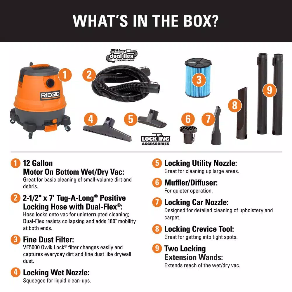 Wet & Dry Vacuums RIDGID 12 Gal. 6.5-Peak HP Motor-On-Bottom Wet/Dry Shop Vacuum With Fine Dust Filter, Hose And Accessories 4 Wet & Dry Vacuums RIDGID 12 Gal. 6.5-Peak HP Motor-On-Bottom Wet/Dry Shop Vacuum With Fine Dust Filter, Hose And Accessories - Image 2