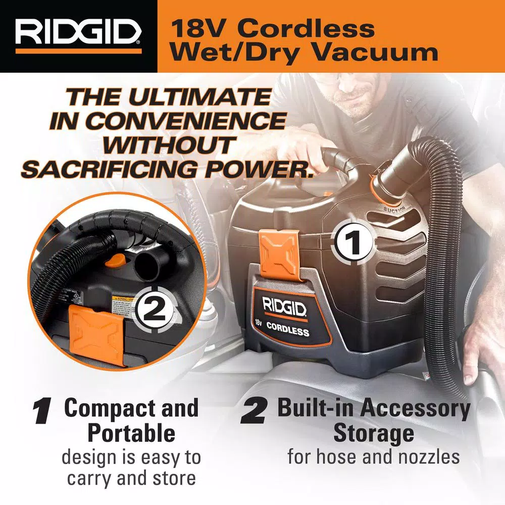 Wet & Dry Vacuums RIDGID 3 Gal. 18-Volt Cordless Handheld Wet/Dry Shop Vacuum (Tool Only) With Filter, Expandable Hose And Accessories 6 Wet & Dry Vacuums RIDGID 3 Gal. 18-Volt Cordless Handheld Wet/Dry Shop Vacuum (Tool Only) With Filter, Expandable Hose And Accessories - Image 4