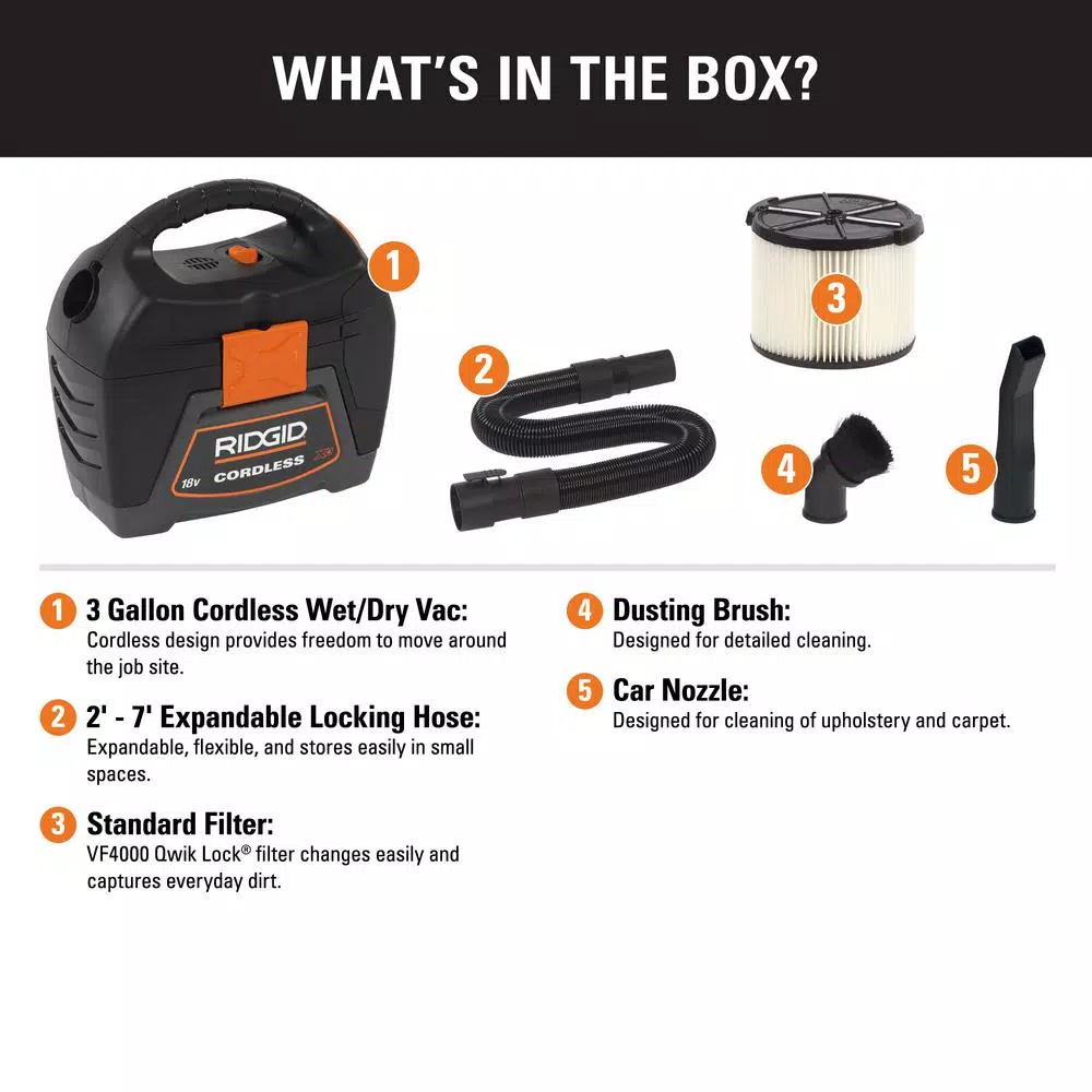 Wet & Dry Vacuums RIDGID 3 Gal. 18-Volt Cordless Handheld Wet/Dry Shop Vacuum (Tool Only) With Filter, Expandable Hose And Accessories 4 Wet & Dry Vacuums RIDGID 3 Gal. 18-Volt Cordless Handheld Wet/Dry Shop Vacuum (Tool Only) With Filter, Expandable Hose And Accessories - Image 2