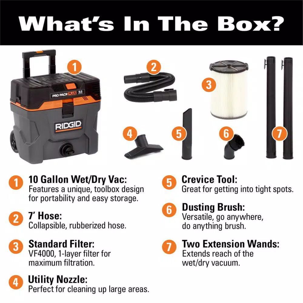 Wet & Dry Vacuums RIDGID 10 Gal. 5.0-Peak HP ProPack Plus Wet/Dry Shop Vacuum With Filter, Expandable Hose And Accessories 4 Wet & Dry Vacuums RIDGID 10 Gal. 5.0-Peak HP ProPack Plus Wet/Dry Shop Vacuum With Filter, Expandable Hose And Accessories - Image 2