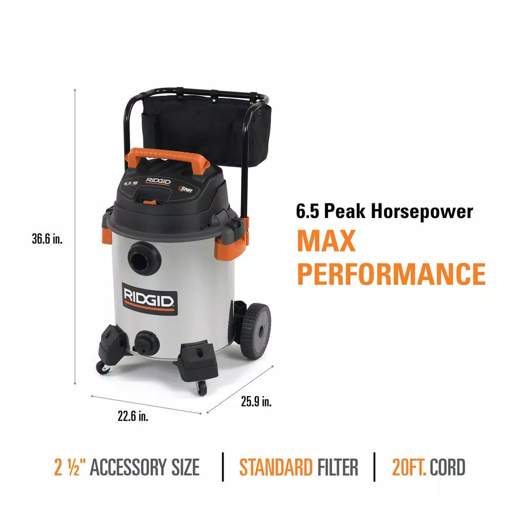 Wet & Dry Vacuums RIDGID 16 Gal. 6.5-Peak HP Stainless Steel Wet/Dry Shop Vac With Filter, 7 Ft. Hose, 10 Ft. Pro Hose And Accessories 7 Wet & Dry Vacuums RIDGID 16 Gal. 6.5-Peak HP Stainless Steel Wet/Dry Shop Vac With Filter, 7 Ft. Hose, 10 Ft. Pro Hose And Accessories - Image 5