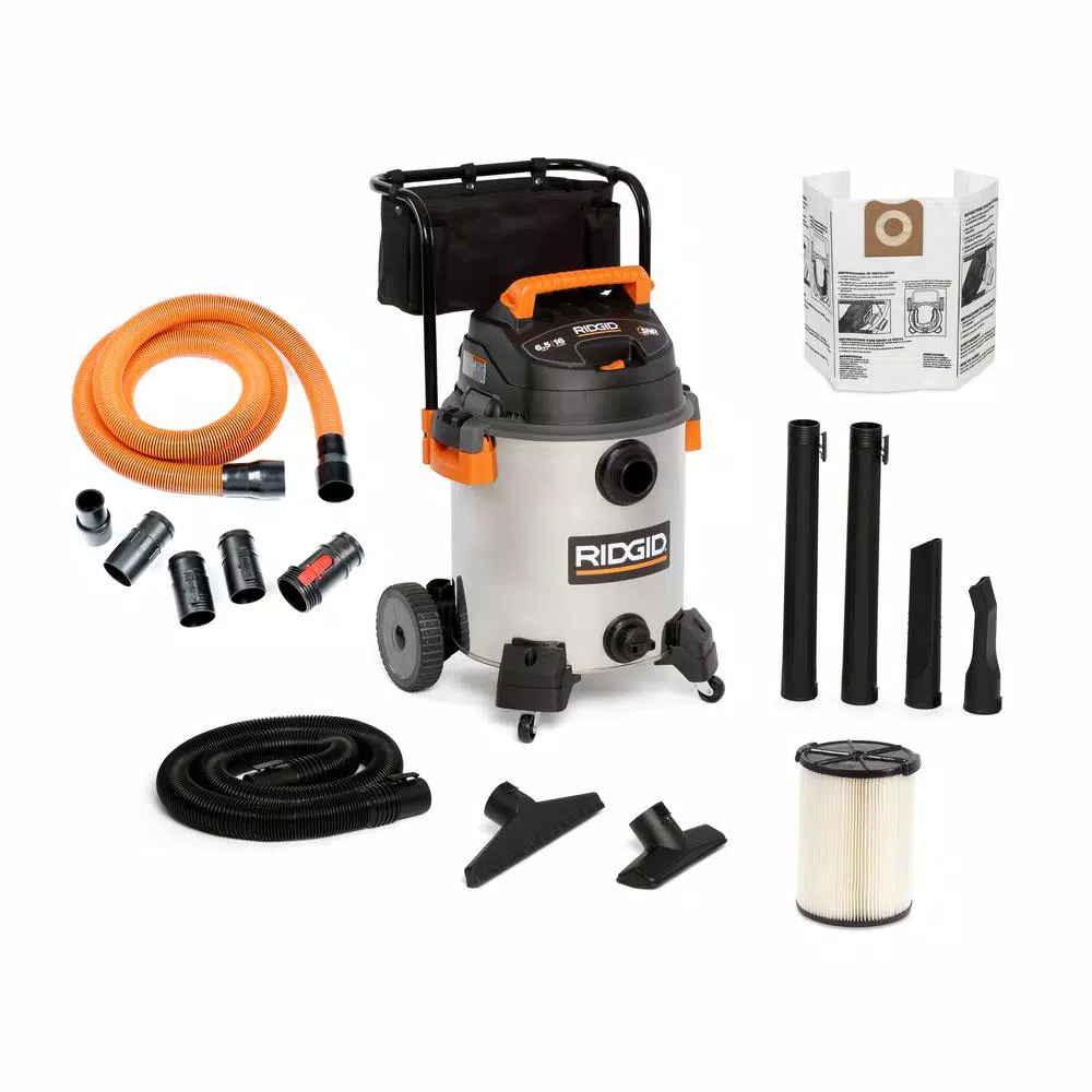 Wet & Dry Vacuums RIDGID 16 Gal. 6.5-Peak HP Stainless Steel Wet/Dry Shop Vac With Filter, 7 Ft. Hose, 10 Ft. Pro Hose And Accessories 3 Wet & Dry Vacuums RIDGID 16 Gal. 6.5-Peak HP Stainless Steel Wet/Dry Shop Vac With Filter, 7 Ft. Hose, 10 Ft. Pro Hose And Accessories