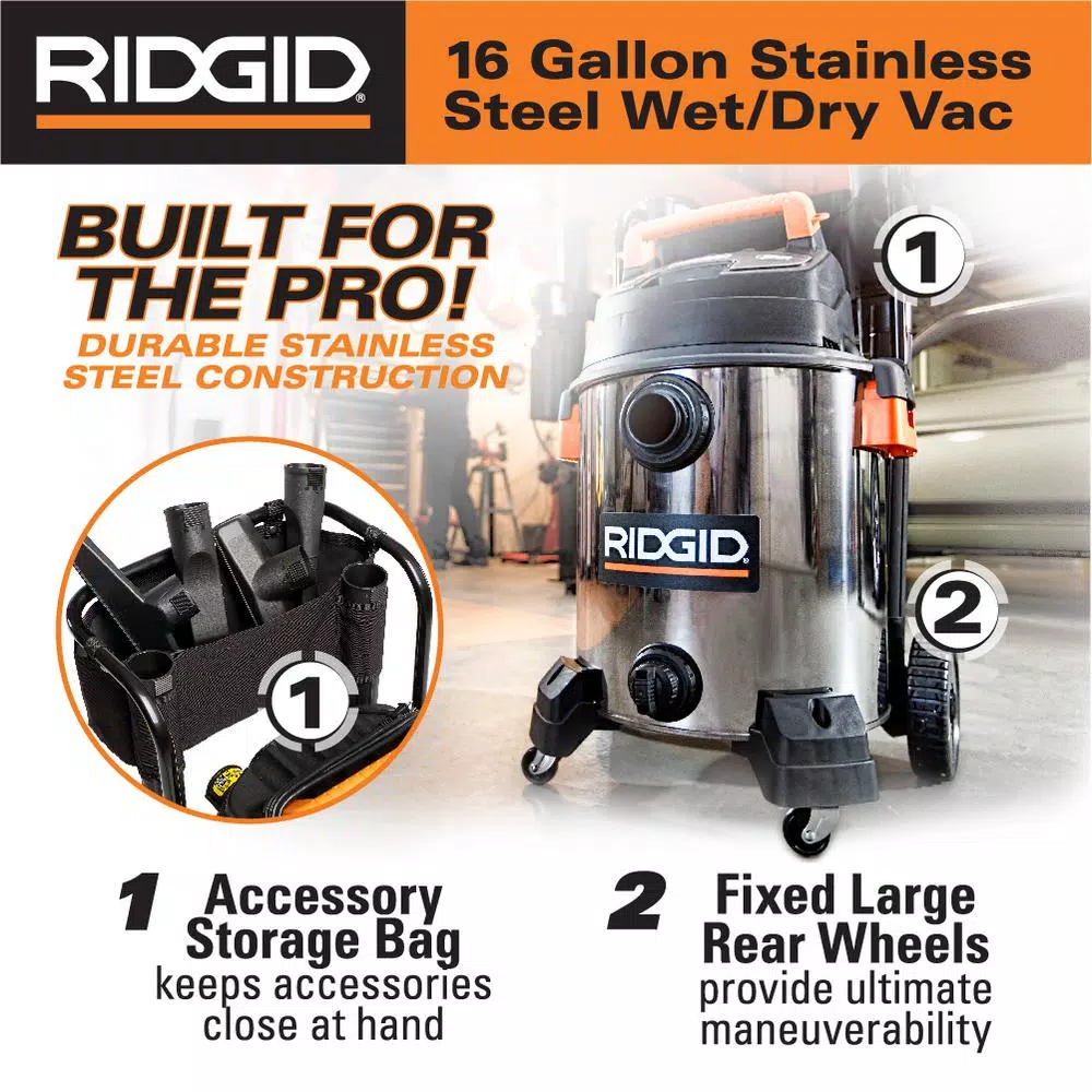 Wet & Dry Vacuums RIDGID 16 Gal. 6.5-Peak HP Stainless Steel Wet/Dry Shop Vac With Filter, 7 Ft. Hose, 10 Ft. Pro Hose And Accessories 6 Wet & Dry Vacuums RIDGID 16 Gal. 6.5-Peak HP Stainless Steel Wet/Dry Shop Vac With Filter, 7 Ft. Hose, 10 Ft. Pro Hose And Accessories - Image 4