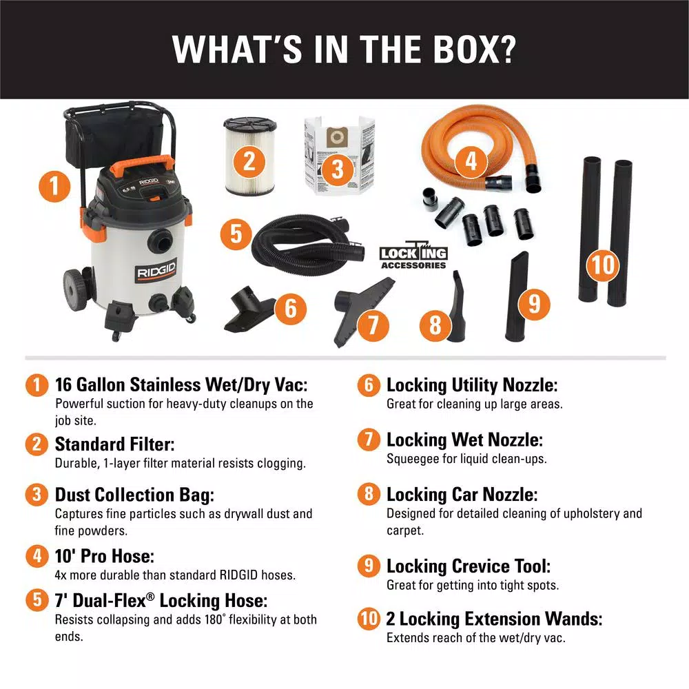 Wet & Dry Vacuums RIDGID 16 Gal. 6.5-Peak HP Stainless Steel Wet/Dry Shop Vac With Filter, 7 Ft. Hose, 10 Ft. Pro Hose And Accessories 4 Wet & Dry Vacuums RIDGID 16 Gal. 6.5-Peak HP Stainless Steel Wet/Dry Shop Vac With Filter, 7 Ft. Hose, 10 Ft. Pro Hose And Accessories - Image 2