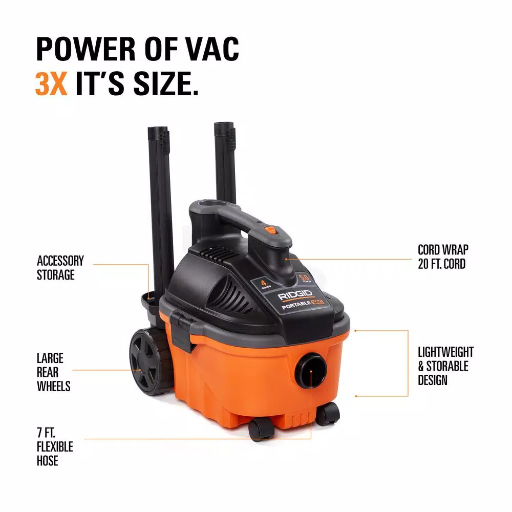 Wet & Dry Vacuums RIDGID 4 Gal. 5.0-Peak HP Portable Wet/Dry Shop Vacuum With Filter, Hose, Accessories And Premium Car Cleaning Kit - Image 3