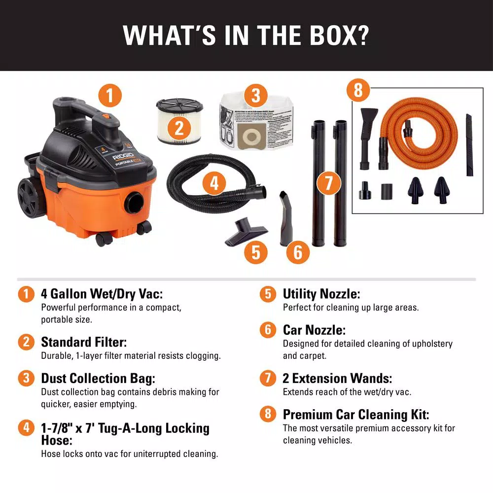 Wet & Dry Vacuums RIDGID 4 Gal. 5.0-Peak HP Portable Wet/Dry Shop Vacuum With Filter, Hose, Accessories And Premium Car Cleaning Kit - Image 2