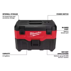 Wet & Dry Vacuums Milwaukee M18 18-Volt 2 Gal. Lithium-Ion Cordless Wet/Dry Vacuum (Tool-Only) -Dewalt Shop reds pinks milwaukee wet dry vacuums 0880 20 40 1000