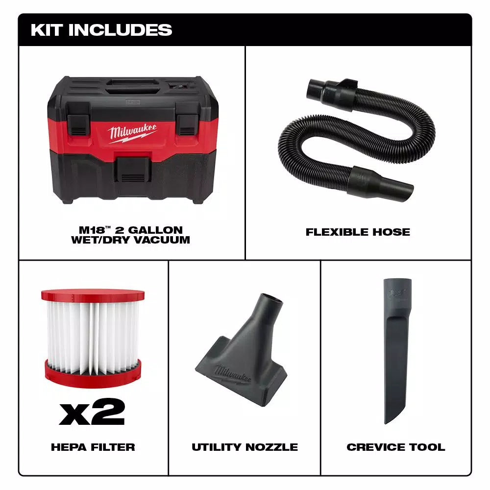 Wet & Dry Vacuums Milwaukee M18 18-Volt 2 Gal. Lithium-Ion Cordless Wet/Dry Vacuum W/ Extra Wet/Dry HEPA Filter 4 Wet & Dry Vacuums Milwaukee M18 18-Volt 2 Gal. Lithium-Ion Cordless Wet/Dry Vacuum W/ Extra Wet/Dry HEPA Filter - Image 2