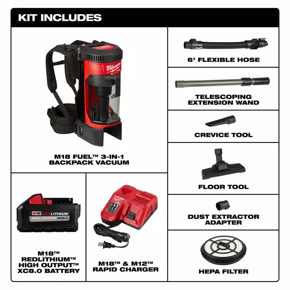 Wet & Dry Vacuums Milwaukee M18 Fuel 18-Volt Lithium-Ion Brushless Cordless 1 Gal. 3-in-1 Backpack Vacuum Kit And One 8.0 Ah Battery And Accessories - Image 2
