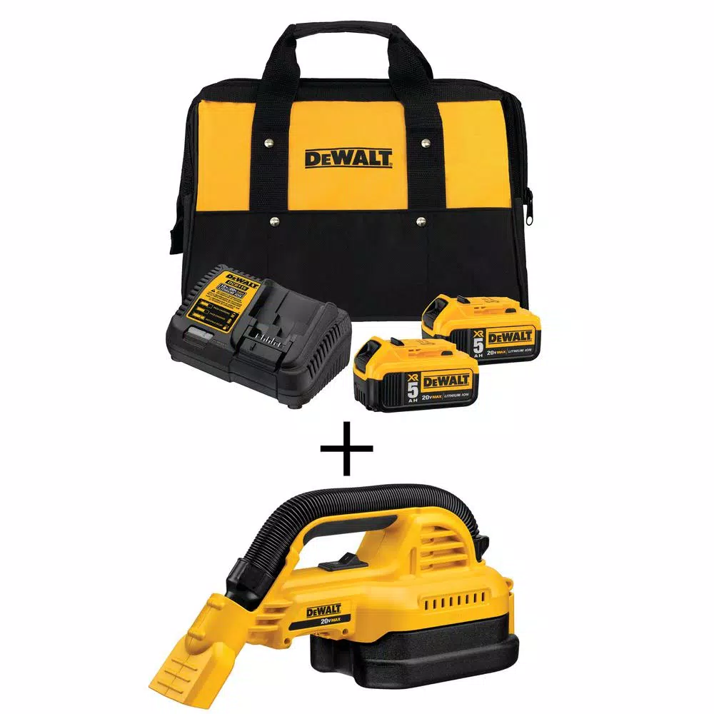 Wet & Dry Vacuums DEWALT 20-Volt 1/2 Gal. MAX Lithium-Ion Wet/Dry Portable Vacuum With Premium Battery Pack 5.0 Ah (2-Pack), Charger And Kit Bag 3 Wet & Dry Vacuums DEWALT 20-Volt 1/2 Gal. MAX Lithium-Ion Wet/Dry Portable Vacuum With Premium Battery Pack 5.0 Ah (2-Pack), Charger And Kit Bag