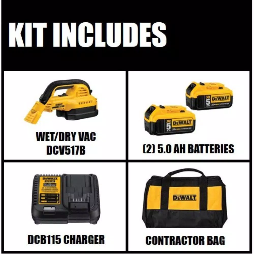 Wet & Dry Vacuums DEWALT 20-Volt 1/2 Gal. MAX Lithium-Ion Wet/Dry Portable Vacuum With Premium Battery Pack 5.0 Ah (2-Pack), Charger And Kit Bag 4 Wet & Dry Vacuums DEWALT 20-Volt 1/2 Gal. MAX Lithium-Ion Wet/Dry Portable Vacuum With Premium Battery Pack 5.0 Ah (2-Pack), Charger And Kit Bag - Image 2